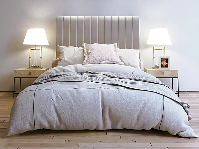 Modern Double Bed With Tufted Headboard Pillows Quilt And Nightstands With Table Lamps 3d model