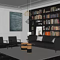 Elegant Contemporary Living Room Interior Design With Black Leather Sofa Large Bookshelves And Pendant Lights