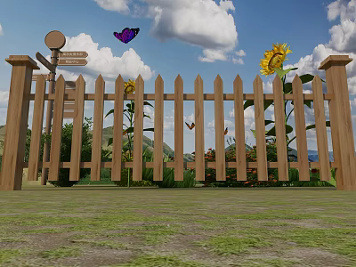 Wooden Picket Fence With Sunflowers Butterflies Signpost Green Grass and Rolling Hills 3d model