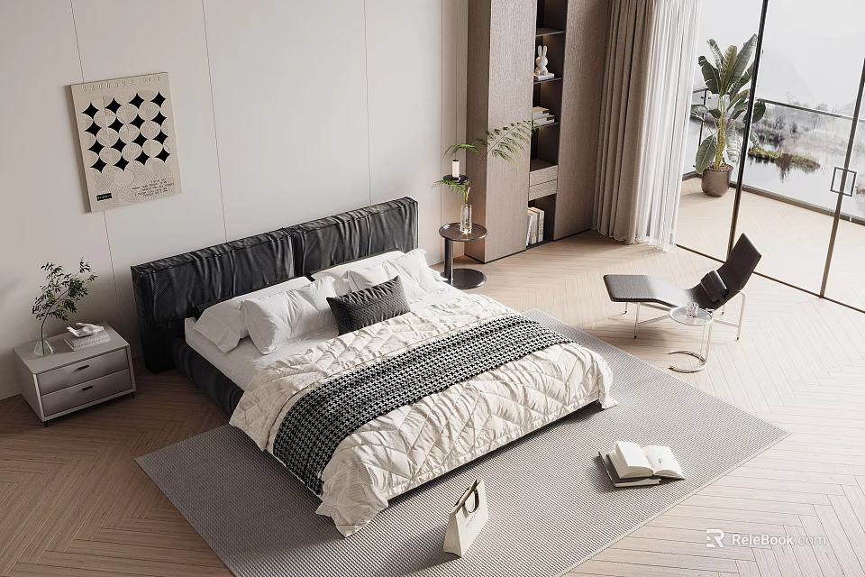 Modern Double Bed Bedroom Interior With Dark Headboard Bedding Rug And Wall Art 3d model 