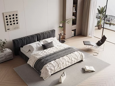 Modern Double Bed Bedroom Interior With Dark Headboard Bedding Rug And Wall Art 3d model