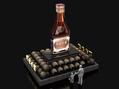 Chinese Rice Wine Bottle Display With Wooden Barrels And Miniature Figures 3d model