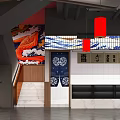 Japanese Restaurant Interior with Bar Counter Wooden Shelves Red Lanterns and Sake Bottles