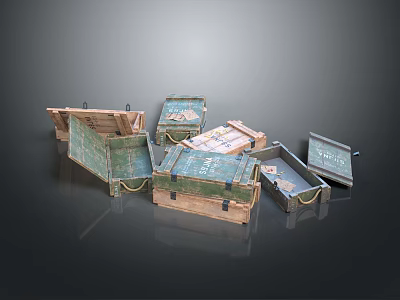 Various Wooden Boxes In Green And Natural Tones With Metal Fittings And Scattered Stack Design 3d model