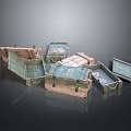Various Wooden Boxes In Green And Natural Tones With Metal Fittings And Scattered Stack Design