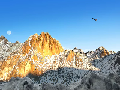 Natural Mountain Landscape with Sunlit Golden Peaks Snowy Slopes Blue Sky Moon and Flying Bird 3d model