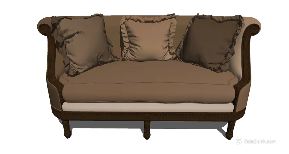 Elegant Classic Sectional Sofa With Ruffled Brown Pillows And Wooden Frame 3d model 