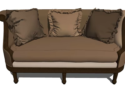 Elegant Classic Sectional Sofa With Ruffled Brown Pillows And Wooden Frame 3d model