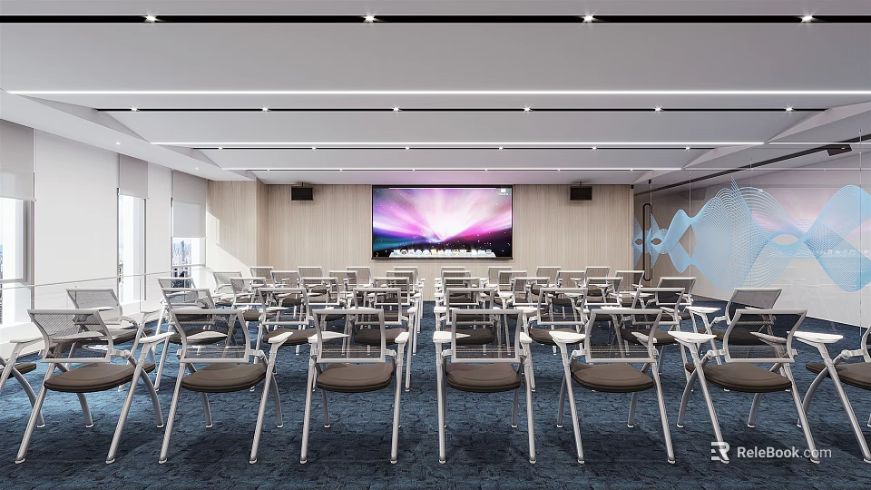 Modern Conference Room Interior With Neatly Arranged Chairs Large Screen And Wooden Walls 3d model 