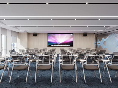 Modern Conference Room Interior With Neatly Arranged Chairs Large Screen And Wooden Walls 3d model