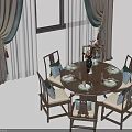 Round Dining Table Set With Six Chairs Green Cushions Tableware Vase And Window Curtains 3d model