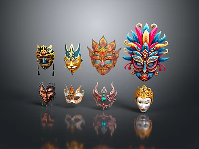 Colorful Elaborate Decorative Masks With Various Designs For Home Decor And Festival Use 3d model