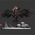 Fantasy Armored Character Riding Giant Eagle On Snowy Base With Rocks And Red Flag