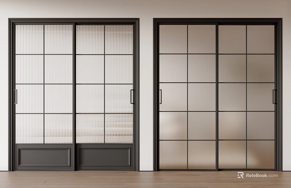 Modern Black Framed Sliding Doors With Grid Glass Design For Interior Spaces 3d model 