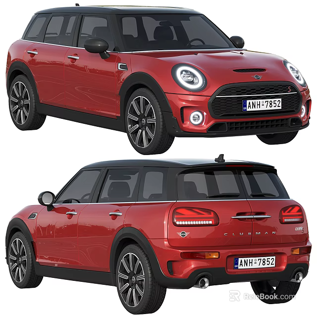 Red Mini Clubman Car Front And Rear View With Black Roof And Alloy Wheels Design 3d model 