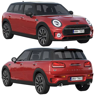 Red Mini Clubman Car Front And Rear View With Black Roof And Alloy Wheels Design 3d model