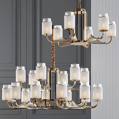 Elegant Multi Tiered Chandelier With Gold Frame White Glass Shades And Gray Wall Backdrop 3d model