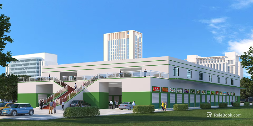 Modern Commercial Shopping Street With Multi level Buildings Storefronts Pedestrians Parked Cars And Green Hedges 3d model 