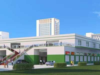 Modern Commercial Shopping Street With Multi level Buildings Storefronts Pedestrians Parked Cars And Green Hedges 3d model