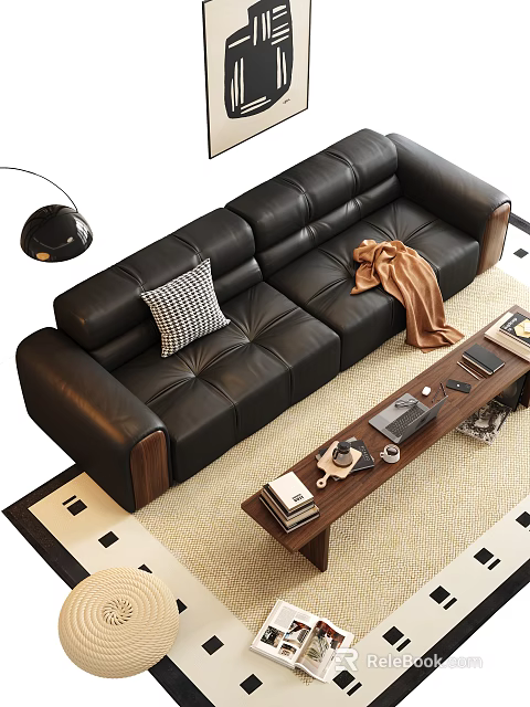 Modern Black Leather Three-Seater Sofa With Checkered Cushion Brown Blanket And Wooden Coffee Table 3d model 