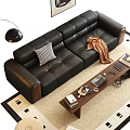 Modern Black Leather Three-Seater Sofa With Checkered Cushion Brown Blanket And Wooden Coffee Table