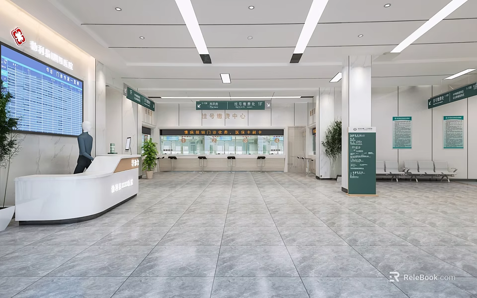 Spacious Modern Hospital Lobby With Service Desk Seats And Display Screen 3d model 