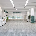 Spacious Modern Hospital Lobby With Service Desk Seats And Display Screen