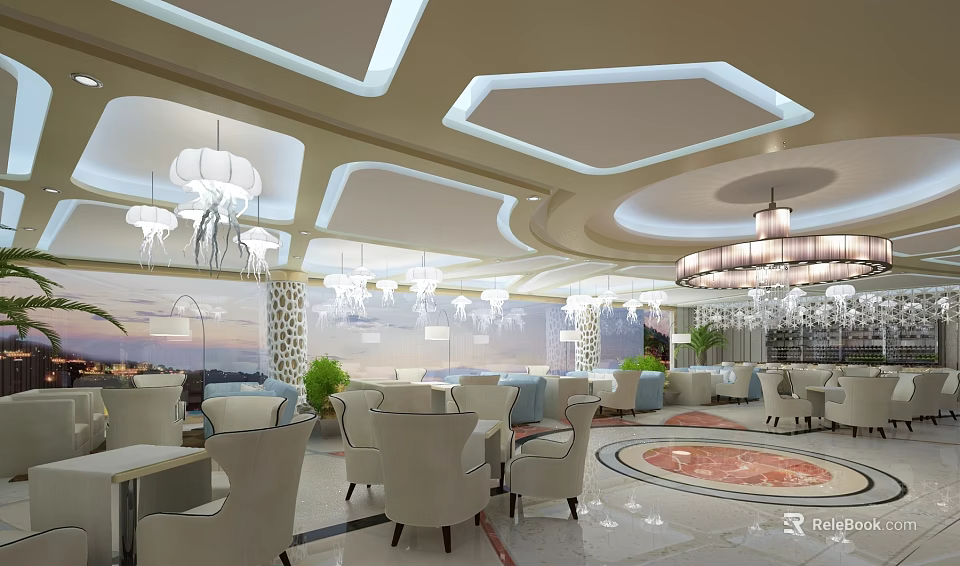 Luxurious Hotel Lobby Interior With Chandeliers Sofas And Decorative Floor Design 3d model 