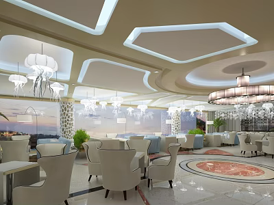 Luxurious Hotel Lobby Interior With Chandeliers Sofas And Decorative Floor Design 3d model