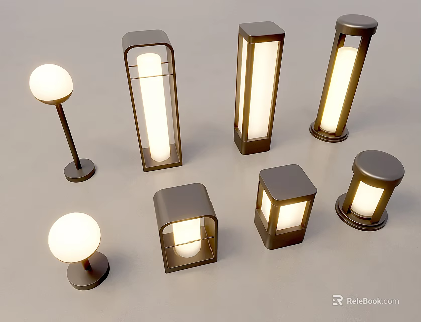 Modern Outdoor Lights With Various Spherical Cylindrical And Square Bright Illuminated Designs 3d model 