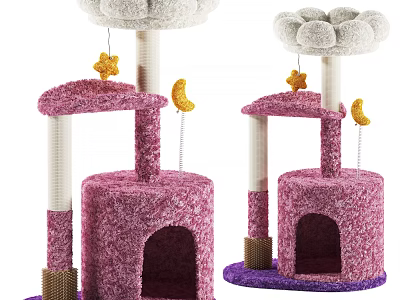 Pink Cat Tree Pet Furniture With Cloud Top Star Moon Hanging Decor And Cozy Cave 3d model