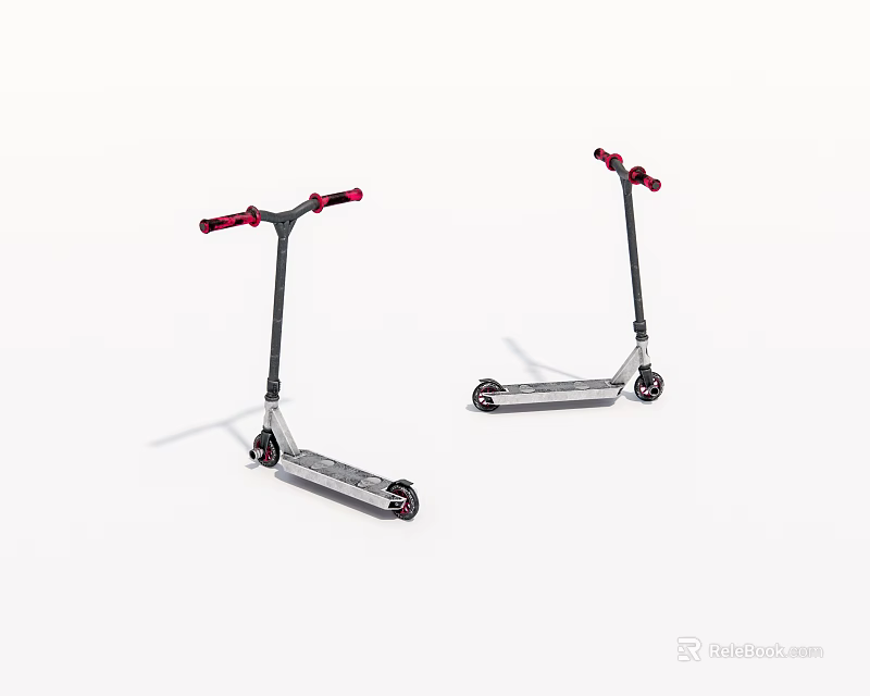 Two Scooters With Red Handlebars Silver Body And Black Wheels 3d model 