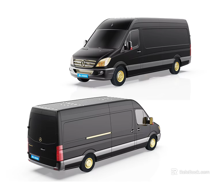 Black Mercedes Commercial Van With Gold Wheels And Silver Trim Front Rear Views 3d model 