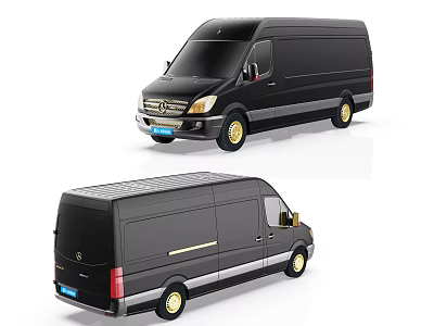Black Mercedes Commercial Van With Gold Wheels And Silver Trim Front Rear Views 3d model