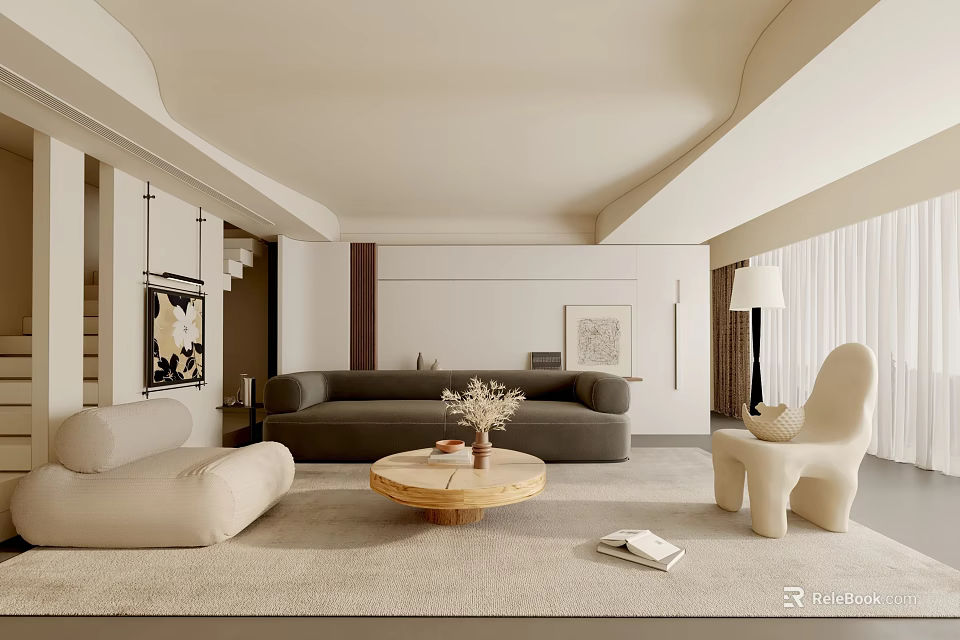 Modern Living Room Interior Design With Comfortable Sofa Armchair And Wooden Coffee Table 3d model 