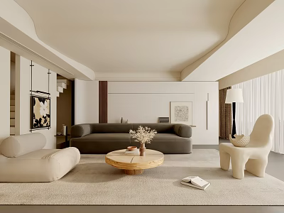 Modern Living Room Interior Design With Comfortable Sofa Armchair And Wooden Coffee Table 3d model