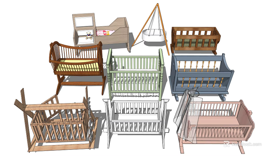 Various Stylish Baby Cribs In Green Blue White And Wooden Designs 3d model 
