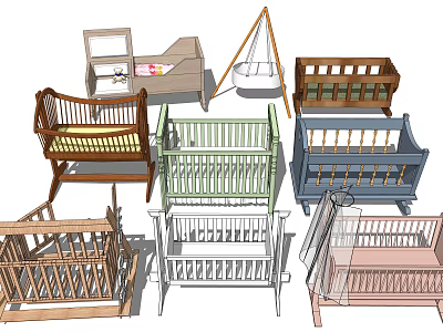 Various Stylish Baby Cribs In Green Blue White And Wooden Designs 3d model