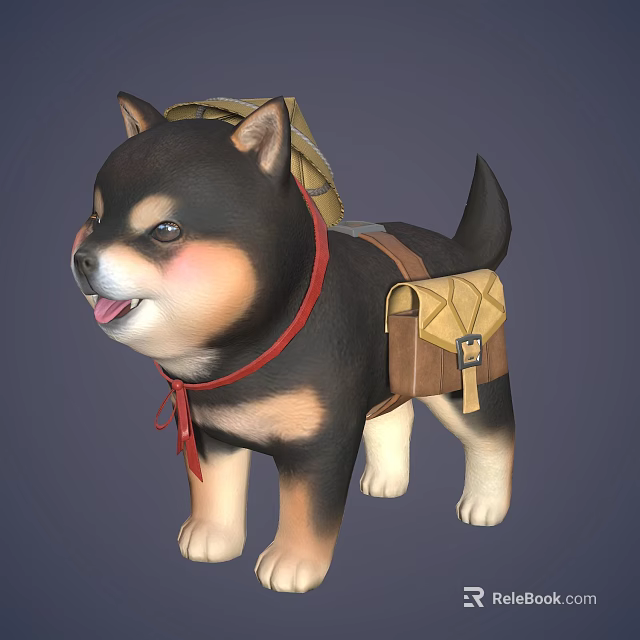 Adorable Puppy Wearing Brown Hat Red Scarf Brown Backpack With Tongue Out Looking Happy 3d model 