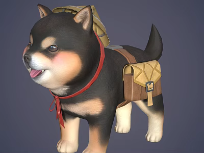 Adorable Puppy Wearing Brown Hat Red Scarf Brown Backpack With Tongue Out Looking Happy 3d model