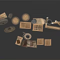 Traditional Rustic Daily Living Supplies With Wooden Crates Barrels Wicker Basket And Metal Bucket