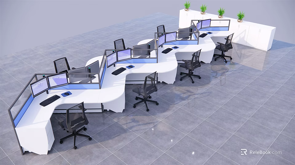 Modern L Shaped Office Desk Arrangement With Computer Monitors Black Office Chairs And Green Plants 3d model 