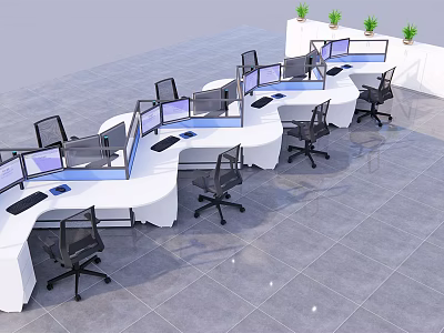 Modern L Shaped Office Desk Arrangement With Computer Monitors Black Office Chairs And Green Plants 3d model
