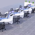 Modern L Shaped Office Desk Arrangement With Computer Monitors Black Office Chairs And Green Plants