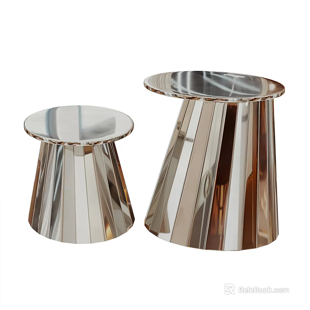 Modern Metallic Coffee Tables With Round Reflective Surfaces And Striped Bases 3d model 