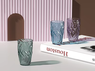 Colorful Green Blue Purple Glass Cups With Wavy Texture On White Table 3d model