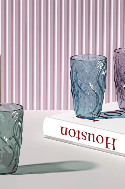 Colorful Green Blue Purple Glass Cups With Wavy Texture On White Table 3d model