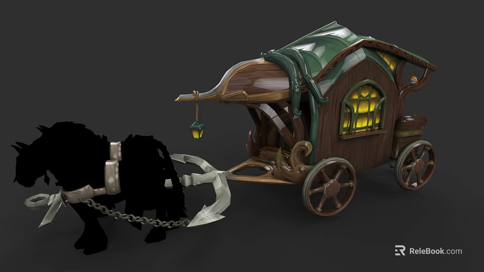 Magical Wooden Carriage Pulled by Black Horse with Green Canvas and Lantern Windows 3d model 