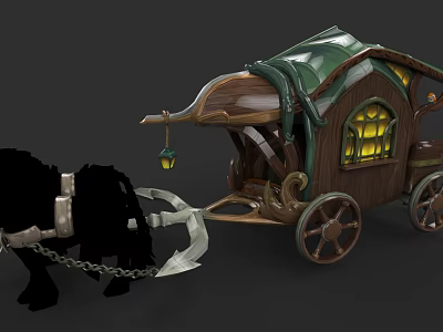 Magical Wooden Carriage Pulled by Black Horse with Green Canvas and Lantern Windows 3d model