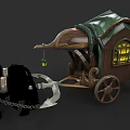 Magical Wooden Carriage Pulled by Black Horse with Green Canvas and Lantern Windows